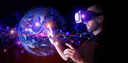 VR technology digital background. Man uses virtual reality glasses and interacts with 3D neon...