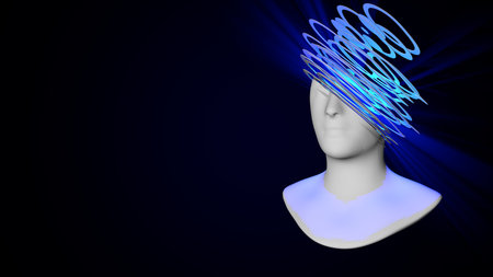3d digital abstract human face on a dark background. Futuristic face cut into colored slices....