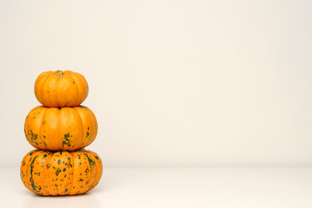 Pumpkins on white isolated background. Yellow autumn harvest pumpkins on empty backdrop. Fall holidays, halloween, thanksgiving day, food concept.の写真素材