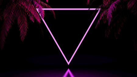 3d neon frame background. Colored blank display with tropical neon palms. Cyber, synthwave, 80s,...