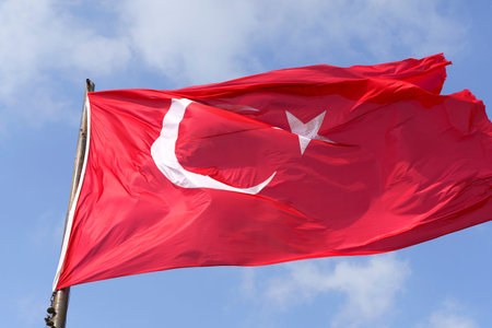 Turkish flag background. Red textile flag of Turkey on the streets of Istanbul on the holidays of...