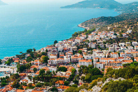 View of the panorama of the Turkish city of Kas from above. Tourist attractions of Turkey and Mediterranean Sea. Travel, vacation, tourism concept.の写真素材