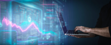 Big data technology background. Using a laptop against the background of visualization of a computer...
