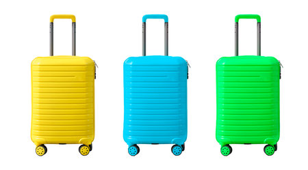 Suitcase isolate. Luggage suitcases of different colors on an empty white backdropの写真素材