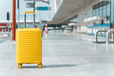 Traveler suitcase at the airport before departure. Travel, vacation, tourism, flights concept. Selected focusの写真素材