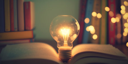 Book and light bulb on the table. Created with generative Ai technology. High quality illustrationの素材