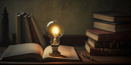 Book and light bulb on the table. Created with generative Ai technology. High quality illustrationの素材
