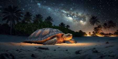 Turtle on the night beach. Created with generative Ai technology. High quality illustrationの素材