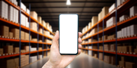 Warehouse with a hand holding an empty smartphone. Blurred industrial warehouse with goods and...