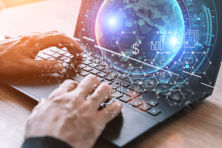 Big data technology background. Using a laptop against the background of visualization of a computer...