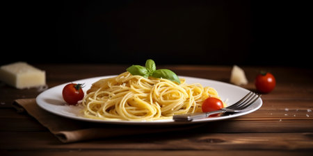 Pasta on wooden table. Created with generative Ai technology. High quality illustrationの素材
