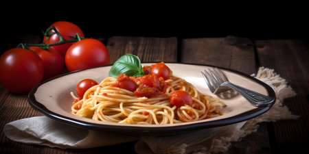 Pasta on wooden table. Created with generative Ai technology. High quality illustrationの素材