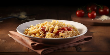Pasta on wooden table. Created with generative Ai technology. High quality illustrationの素材