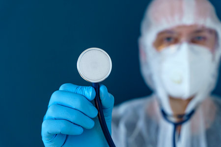 Medic with stethoscope in the hospital. Medical banner background.の写真素材