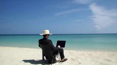 Businessman on the beach. Created with generative Ai technology. High quality illustrationの素材