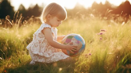 Child with globe. Created with generative Ai technology. High quality illustrationの素材