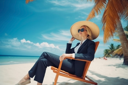 Business woman on the beach. Created with generative Ai technology. High quality illustrationの素材