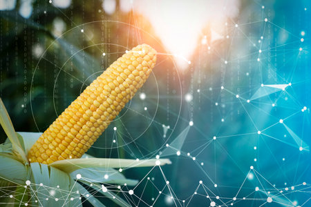 Agricultural technologies on the farm. Corn with biological holographic data and analytics technology. Agricultural development, cultivation modernization concept. High quality photoの写真素材