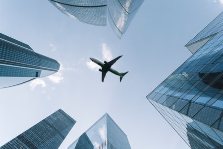Airplane flying on business skyscrapers of financial center. Travel, economy, cargo, transportation concept. High quality photoの写真素材