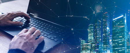 Business analysis platform banner background. Man and laptop on background financial business...