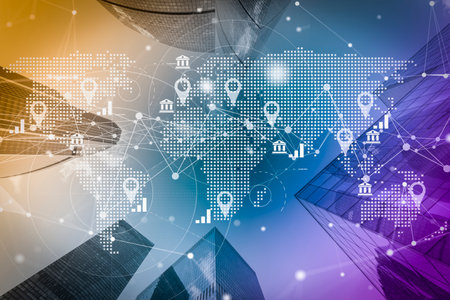World global business background. Technology connect network map on business city background. . High quality photoの写真素材