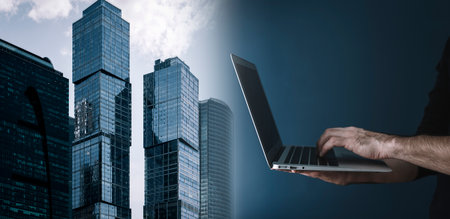 Business analysis platform banner background. Man and laptop on background financial business center. Analytics, exchange, platform concept. High quality photoの写真素材