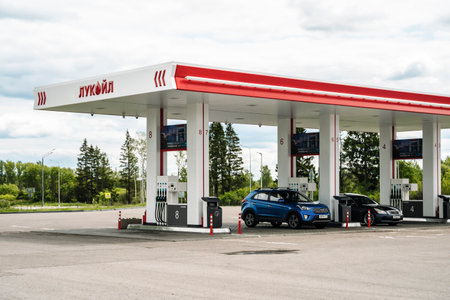 Moscow, Russia - June 12, 2023: Lookoil company gas station. Russian gasoline and oil business company.のeditorial素材
