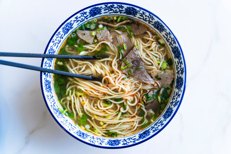 Chinese noodle soup. Asian style ramen noodles with beef and broth. Chinese Asian cuisineの写真素材