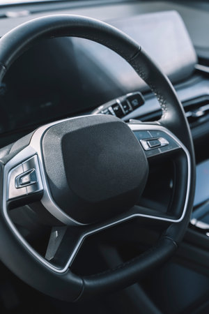 Car interior with auto dashboard panel. New automobile carbon cabinの写真素材