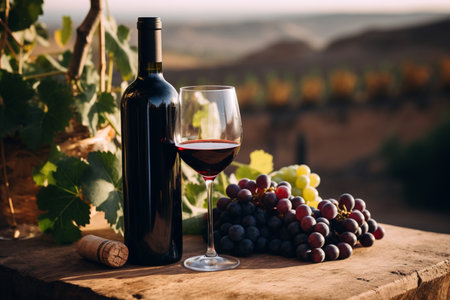 Glass of wine against the backdrop of a vineyardの素材