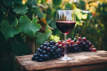 Glass of wine against the backdrop of a vineyardの素材