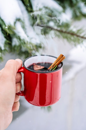 Mulled wine cup in hands in the forest. Winter hot drinks with aromatic spices of cinnamon, cardamom...