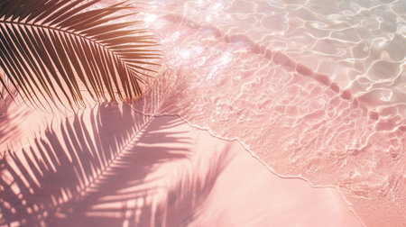 A Palm Tree Leaf Is Casting A Shadow On A Pink Beachの素材