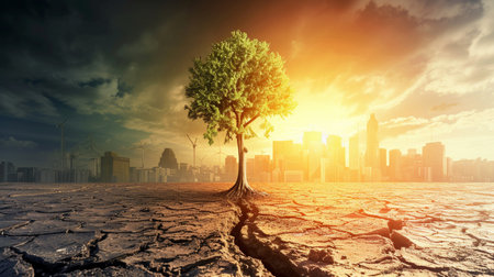 A Tree Is Standing In The Middle Of A Desert And A Cityの素材
