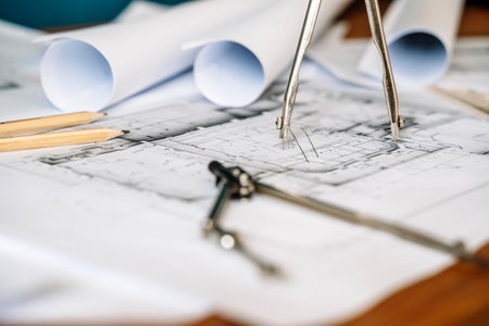 Architectural engineering design plan drawing on the table. Architects work on table in studio....