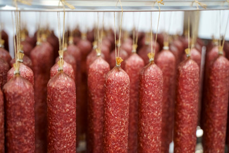 Salami sausage production at a meat factory. Pork and beef sausage salami industry