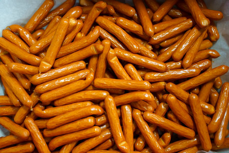 Production of meat sausages. Meat factory and industry.