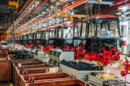 Tractor industry manufacture. New tractors on factory line. Production of agricultural machinery