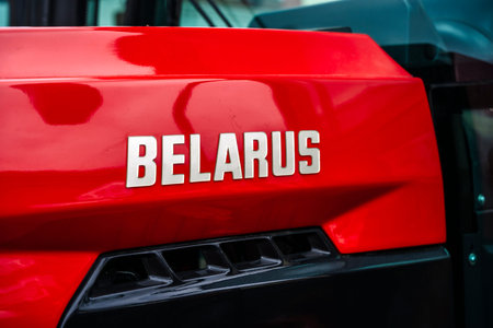 Minsk, Belarus - April 27, 2024: Tractors Belarus on at the tractor factory MTZ in Minsk
