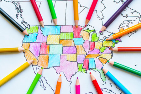 Drawn Map of the USA. Colored Map of America for Kids with Pencilsの写真素材