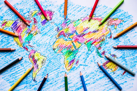 Color drawing world map with colored pencils for children and kids.の写真素材