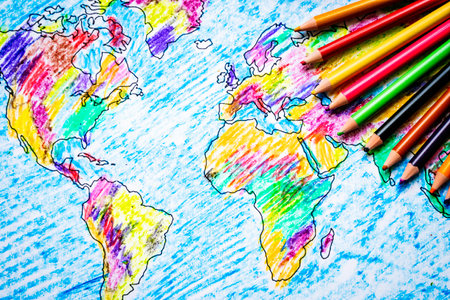 Color drawing world map with colored pencils for children and kids.の写真素材