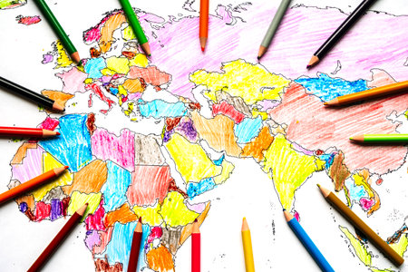 Color drawing world map with colored pencils for children and kids.の写真素材