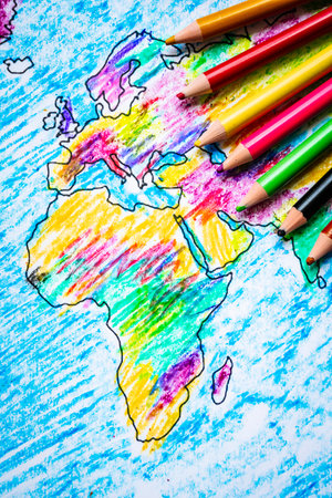 Africa Map Drawing with Colored Pencils for Kidsの写真素材