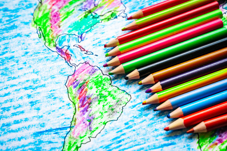 Color drawing world map with colored pencils for children and kids.の写真素材