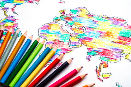 Color drawing world map with colored pencils for children and kids.の写真素材
