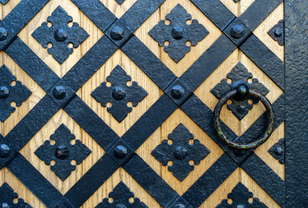 Gate with iron decorative pattern background. Medieval iron pattern on the door.の写真素材