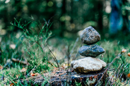 Stacked stones in nature forest. Zen, balance, nature conceptの写真素材