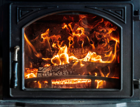 Fire with wood in the stove close upの写真素材