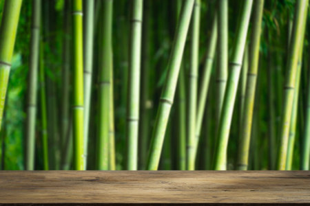 Bamboo forest table. Empty wooden table for product display on green bamboo forest backgroundの写真素材